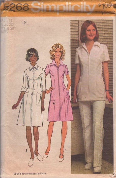 Simplicity 5268 Vintage 70's Sewing Pattern Retro Nurse, Medical, Dental Pro Uniform Dress, Pantsuit Tunic Top & Pants Size 14
