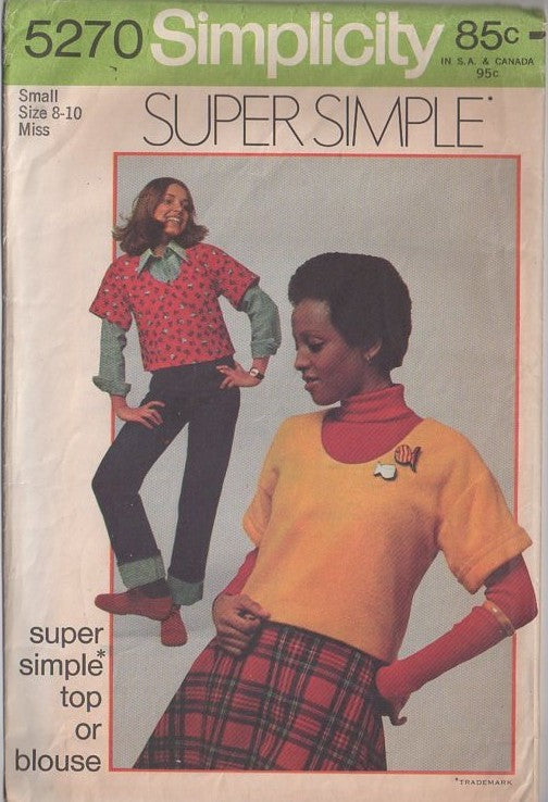 Simplicity 5270 Vintage 70's Sewing Pattern Disco Tops, Super Simple Scoop Neck Short Cropped Top, Tshirt EASY Size S