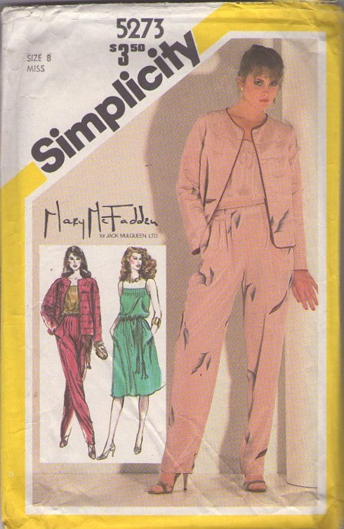 Simplicity 5273 Vintage 80's Sewing Pattern Designer Separates, Mary McFadden, Brat Pack, Pin Tucks Sun Dress, Camisole Top, Tapered Pleated Pants & Quilted Jacket, Coat, Knotted Belt Size 8