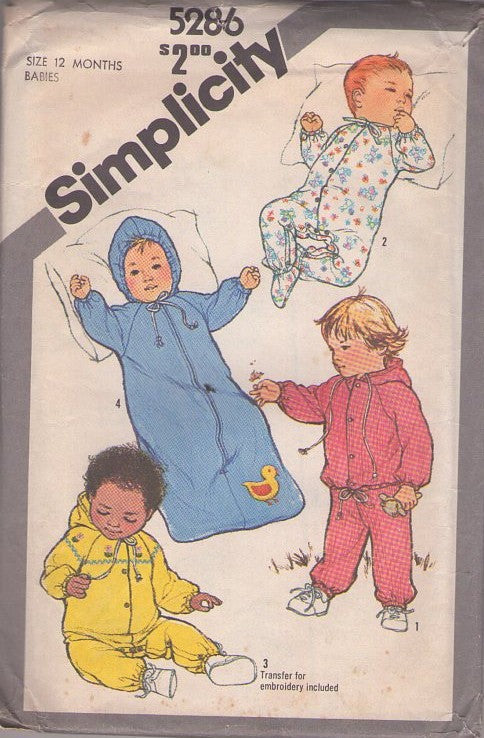 Simplicity 5286 Vintage 80's Sewing Pattern Baby Layette, Boys or Girl's Winter Zip Up Bunting Blanket with Hood, Sleeper Creeper, Jacket & Pants, Embroidery Trim Size 12 Mos XS