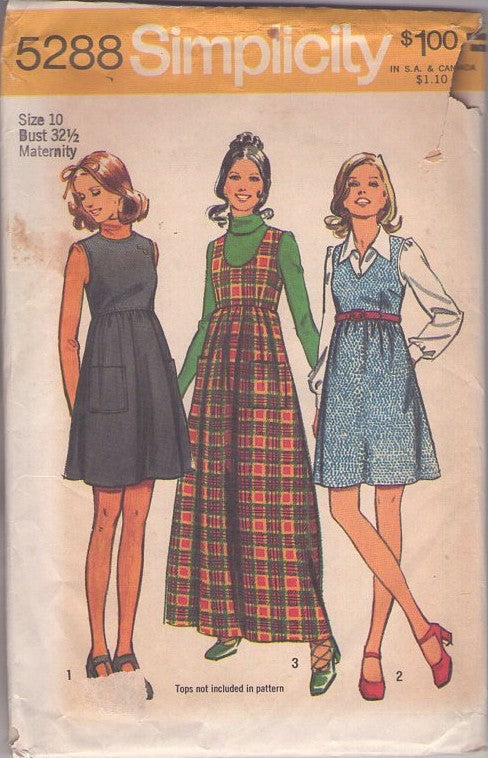 Simplicity 5288 Vintage 70's Sewing Pattern Mod Jumpers, Mother To Be, High, Scoop or V Neck Mother To Be High Waist Flared Jumper, Dress, Gown Size 10