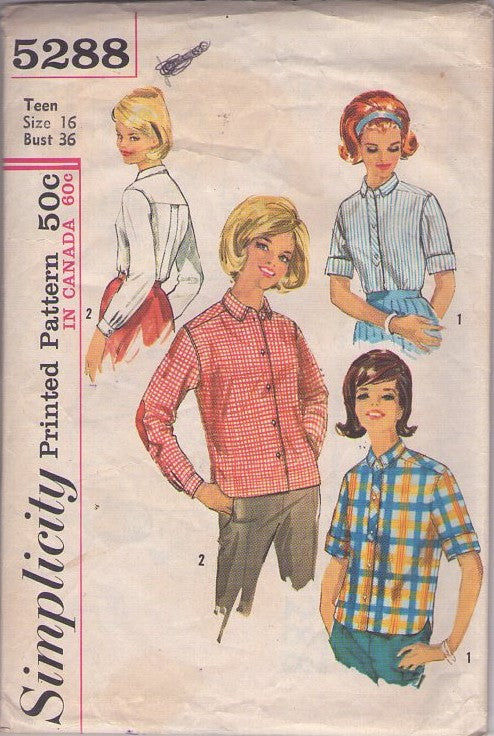 Simplicity 5288 Vintage 60's Sewing Pattern Mod Blouse Set, Elbow Patches, Housewife, Daytime, Button Front, 2 Styles Size 16ocktail Party Dress, Scoop Neckline, Detachable Bib Pilgrim Collar Size 13