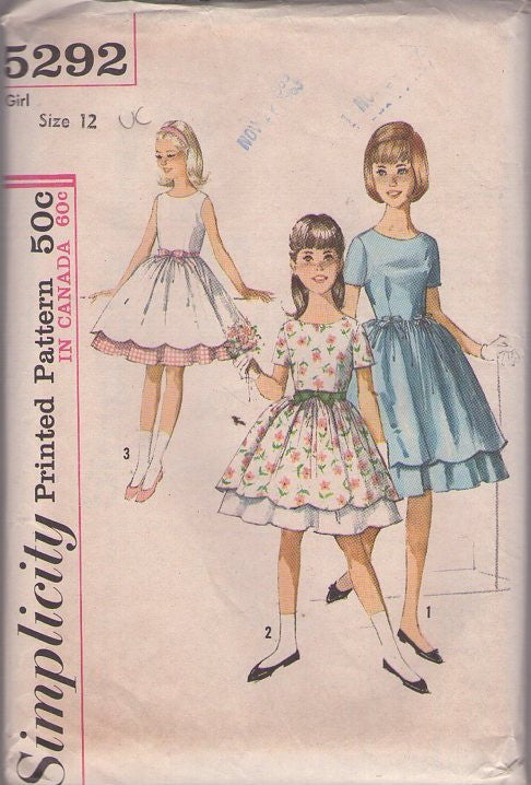 Simplicity 5292 Vintage 60's Sewing Pattern Teen Girl's Dresses, Hairspray First Dance Party Dress, Scalloped Overskirt Layer 3 Styles Size 12