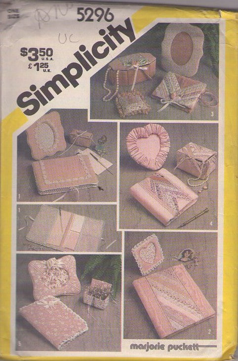Simplicity 5296 Vintage 80's Sewing Pattern Home Crafts, Marjorie Puckett Designs Fabric Covered Desk & Dresser Accessories, Fame, Box, Covers