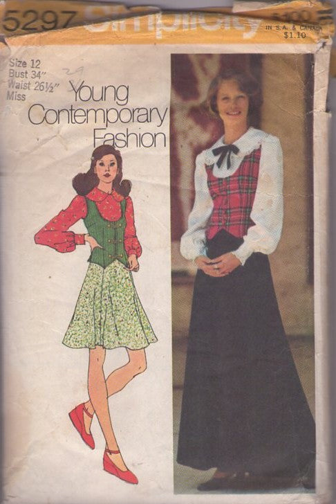Simplicity 5297 Vintage 70's Sewing Pattern Hostess Separates, Wide Collar Blouse, Scoop Neck Plaid, Celtic Vest Waistcoat, Flirty Flared or Maxi Skirt Size 12