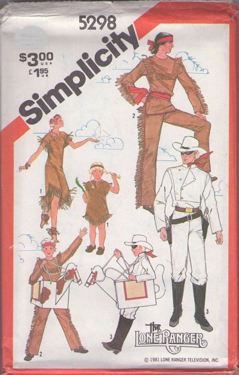 Simplicity 5298 Vintage 80's Sewing Pattern Wild West Costumes, Classic TV, Lone Ranger Cowboy Jacket & Pants, Native American Dress, Horses Made from Boxes Size 34 Adult