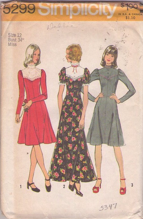 Simplicity 5299 Vintage 70's Sewing Pattern Grannycore Dress, Disco Gunne Sax Looks, Bib Yoke, Panels, 3 Styles Size 12