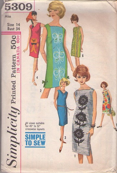 Simplicity 5309 Vintage 60's Sewing Pattern Beach Dress Set, Mod Tiki Party EASY V or Bateau Neck Simple Sheath Dress for Panel Prints 5 Styles Size 14