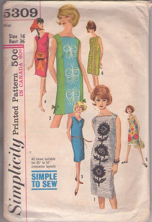 Simplicity 5309 Vintage 60's Sewing Pattern Beach Dress Set, Mod Tiki Party EASY V or Bateau Neck Simple Sheath Dress for Panel Prints 5 Styles Size 16