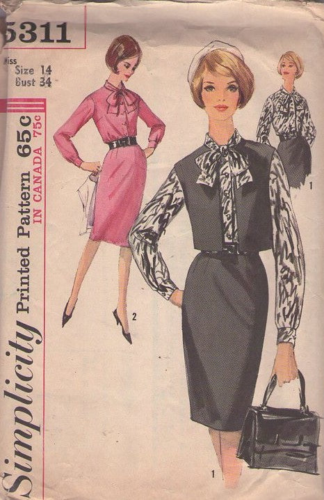 Simplicity 5311 Vintage 60's Sewing Pattern Secretary Separates, Mad Men, Pussycat Bow, Button Front Blouse, Slim Sheath Skirt, Sleeveless Vest Jacket Size 12