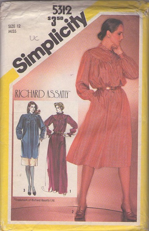 Simplicity 5312 Vintage 80's Sewing Pattern Designer Dress, Richard Assatly Modest High Yoked Flared Party Dress, Tunic & Slim Skirt Ensemble or Maxi Gown Size 12