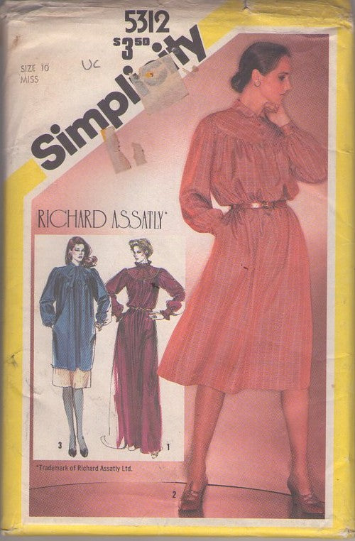 Simplicity 5312 Vintage 80's Sewing Pattern Designer Dress, Richard Assatly Modest High Yoked Flared Party Dress, Tunic & Slim Skirt Ensemble or Maxi Gown Size 10