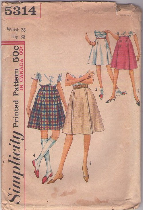 Simplicity 5314 Vintage 60's Sewing Pattern Mod Skirts, Uniform Look Front Panel Flared A-Line Skirt Set 4 Styles Waist 28 Size L