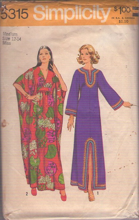 Simplicity 5315 Vintage 70's Sewing Pattern Hippie Caftans, Kite or Dashiki Style Hostess Gowns, Mrs. Roper Party Lounge Dress 2 Silts Size M