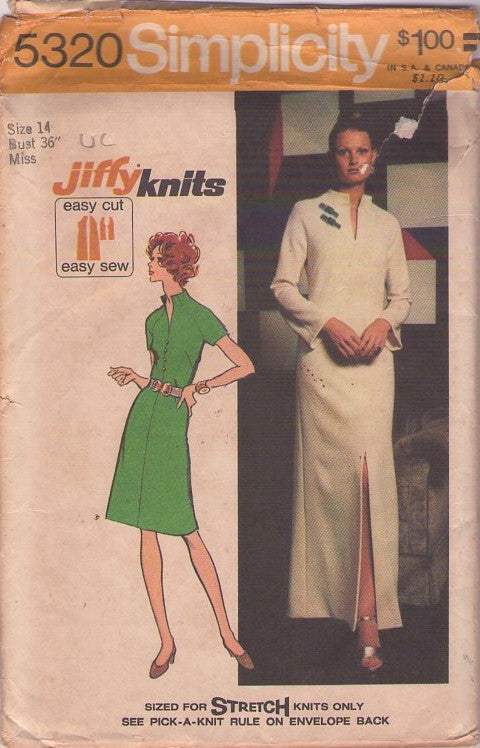Simplicity 5320 Vintage 70's Sewing Pattern Disco Dress Set, Hostess Slit Lounge Gown, Evening Dress, Stand Up Collar Raglan Secretary Day Dress EASY Size 14