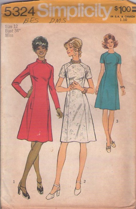 Simplicity 5324 Vintage 70's Sewing Pattern Mod Dresses, Shaped Front Seamed Panel Jewel Collar Mod Cocktail Party or Secretary Dress Size 12