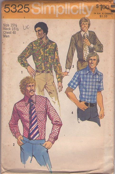 Simplicity 5325 Vintage 70's Sewing Pattern Men's Shirts, Pointed Collar Disco Lounge Lizard Shirt, Cowboy Work Shirt, 4 Styles Chest 40 Size L