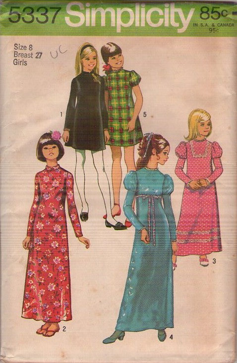Simplicity 5337 Vintage 70's Sewing Pattern Girl's School Dress, Party Dress, Brady Bunch, Asian Inspired, Victorian Revival, Mini or Maxi, 5 Styles Size 8