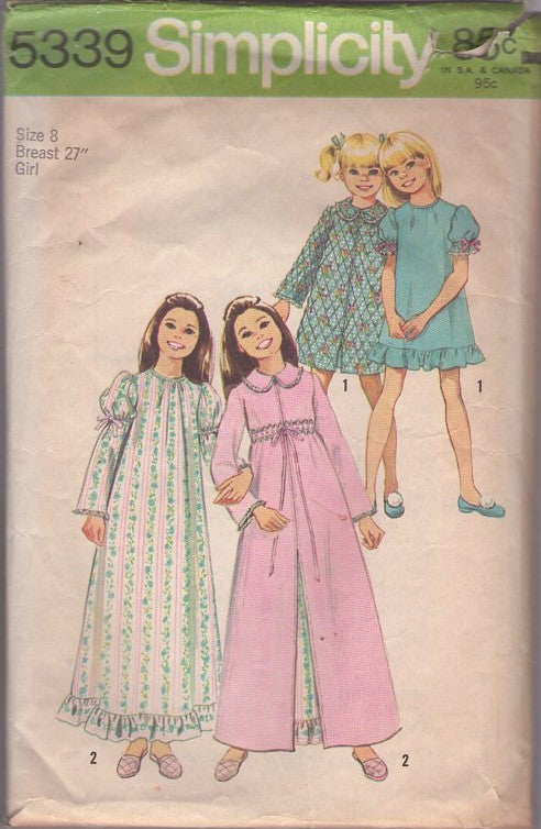 Simplicity 5339 Vintage 70's Sewing Pattern Girl's Nightgowns, Puff or Lantern Sleeve Nightgown, Night Dress with Ruffles, Duster Coat, Robe Set Size 8