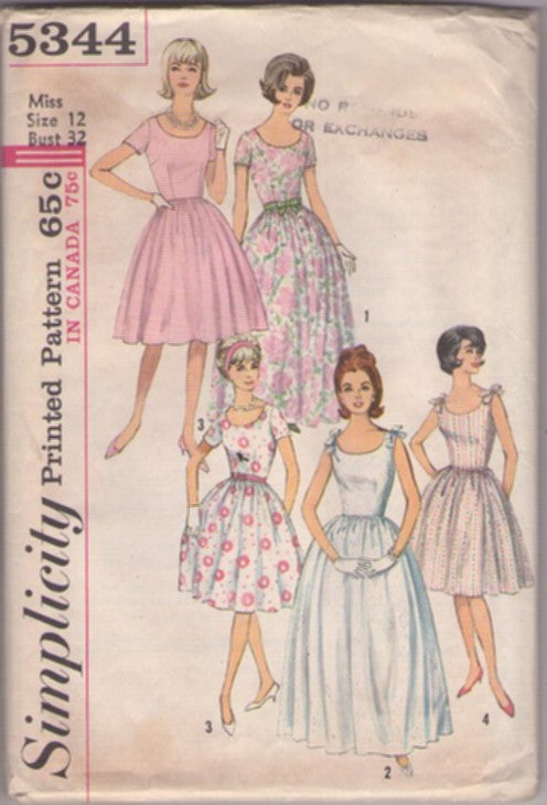 Simplicity 5344 Vintage 60's Sewing Pattern Rockabilly Dress Set, Deep Scoop Neck, Cocktail Party Dress, Mother Of the Bride or Wedding Formal Long Gown 4 Styles Size 12