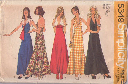Simplicity 5349 Vintage 70's Sewing Pattern Halter Dress Set, Low Cut Shirred Bust Empire Waist Long Sailor Collar Halter Top Disco Party Dress, Maxi Gown Size 10 CUT