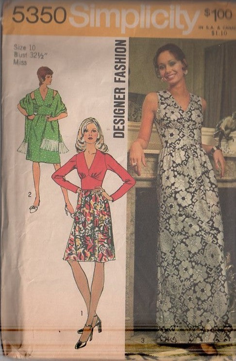 Simplicity 5350 Vintage 70's Sewing Pattern Disco Dress, Designer Fashion V Neck Wide Midriff Summer Dress, Maxi Gown, Contrast Party Dress & Fringe Stole, Shawl Size 10