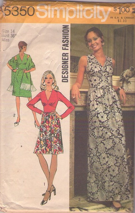 Simplicity 5350 Vintage 70's Sewing Pattern Disco Dress, Designer Fashion V Neck Wide Midriff Summer Dress, Maxi Gown, Contrast Party Dress & Fringe Stole, Shawl Size 14