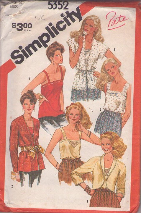 Simplicity 5352 Vintage 80's Sewing Pattern Top & Jacket Set, Cottagecore Eyelet Lace, Straight Fit Camisole, Tank Top Shirt & Shawl Collar or Open Front Cover Up Size 14