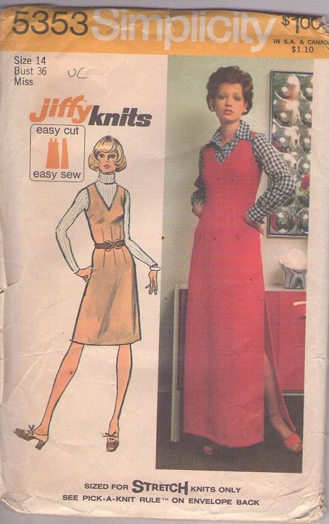 Simplicity 5353 Vintage 70's Sewing Pattern Hostess Dress Set, Easy Jiffy Knits Disco Era Secretary Low V Neck A-Line Jumper, Side Slit Hostess Maxi Gown Size 14