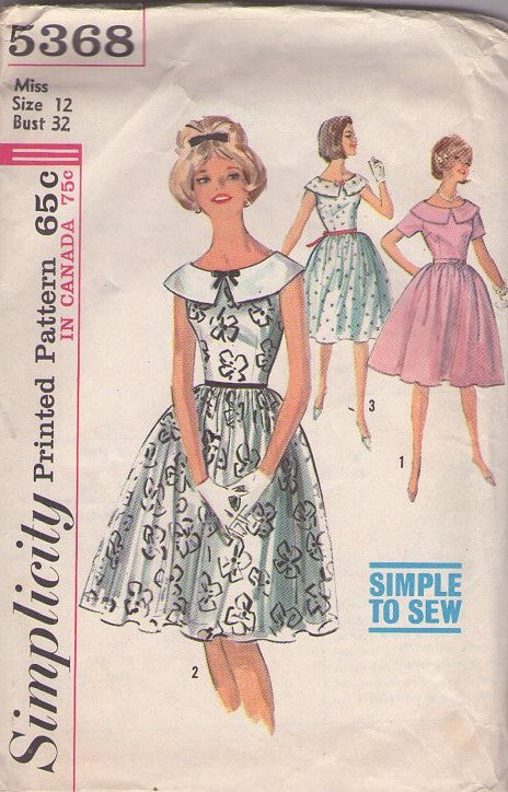 Simplicity 5368 Vintage 60's Sewing Pattern Day Dress Set,  Easy To Sew Flat Platter Collar Rockabilly Summer Sleeveless Full Skirt Day Dress, Party Dress 3 Styles Size 12