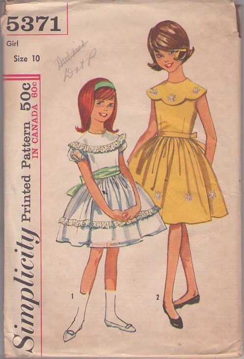 Simplicity 5371 Vintage 60's Sewing Pattern Girl's Dresses, Fancy School Party, Communion Dress, 2 Styles Size 10