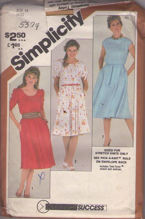 Simplicity 5374 Vintage 80's Sewing Pattern Pullover Dress, Overnight Success, Secretary, Stretch Knits Dress Set, Cap, Short or Shirred Sleeve, 3 Styles Size 14