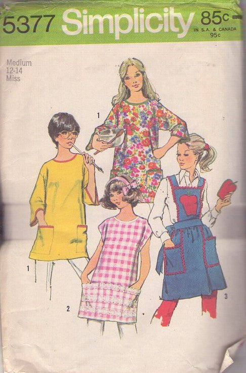 Simplicity 5377 Vintage 70's Sewing Pattern Smocks & Aprons, Artist Pocket Smock Blouse, Bib Apron, Pockets, 3 Styles Size M 12-14