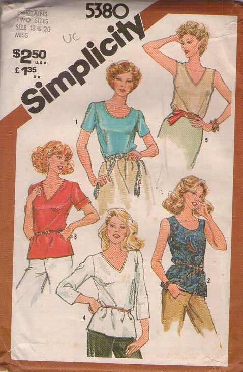 Simplicity 5380 Vintage 80's Sewing Pattern Easy Summer Blouse, Top Set, 5 Styles Size 18-20