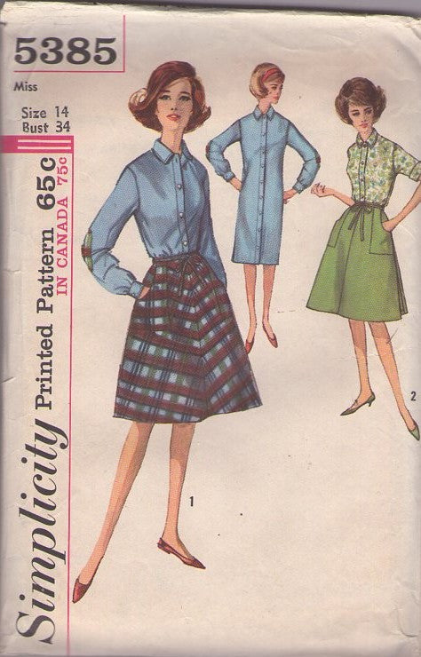 Simplicity 5385 Vintage 60's Sewing Pattern Rockabilly Sheath Dress, Skirt, Blouse, Elbow Patches, Wrap Around Skirt with Cargo Pockets Size 14