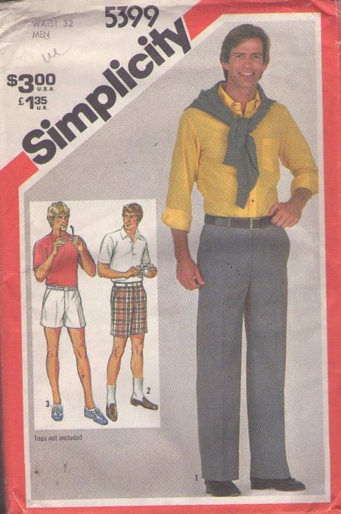 Simplicity 5399 Vintage 80's Sewing Pattern Men's Pants Set, Tennis Shorts, Walking Shorts, Office Trousers Waist 32 Size M