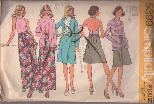 Simplicity 5399 Vintage 70's Sewing Pattern Disco Summer Dress, Contrast Cutaway Arms Halter Secretary Dress or Maxi Gown, Cardigan Jacket Cover Up Size 12