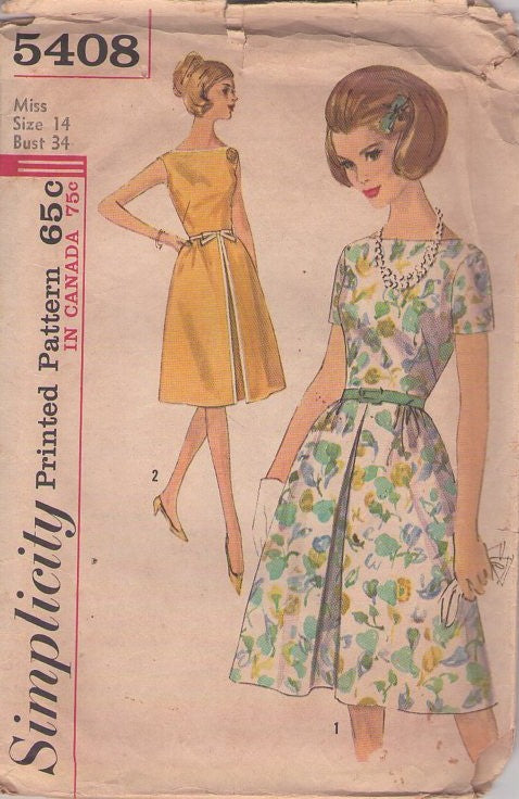 Simplicity 5408 Vintage 60's Sewing Pattern Day Dresses, Jackie O Cocktail Party Dress, Inverted Front Pleat Bateau Neck Size 14