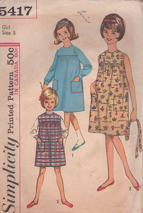 Simplicity 5417 Vintage 60's Sewing Pattern Girl's Day Dress, High Yoked Modest Flared Smock Dress, Pockets, Jumper, Tie Belt Size 8