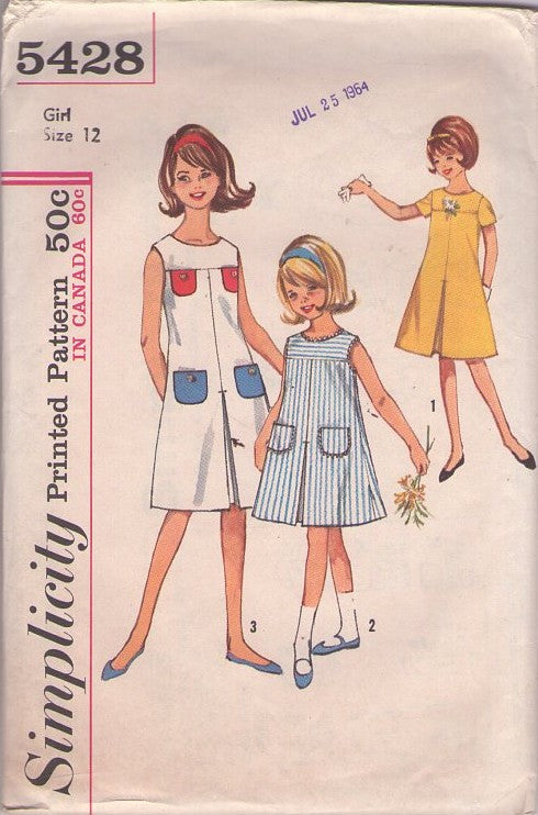 Simplicity 5428 Vintage 60's Sewing Pattern Teen Girl's Dress Set, Nautical Vibes, 3 Styles, POCKETS Size 12