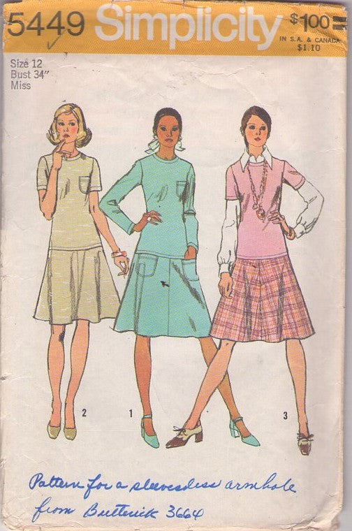 Simplicity 5449 Vintage 70's Sewing Pattern 2 Piece Look Dress, Drop Waist Secretary Day Dress 3 Styles Size 12