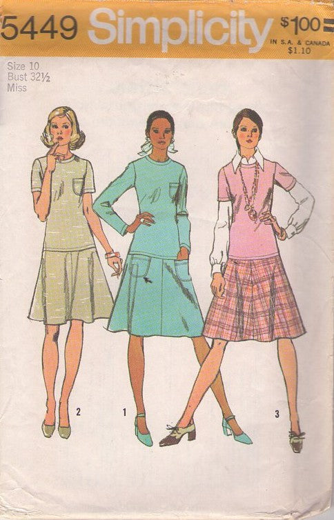 Simplicity 5449 Vintage 70's Sewing Pattern 2 Piece Look Dress, Drop Waist Secretary Day Dress 3 Styles Size 10