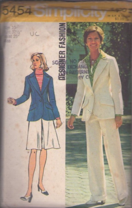 Simplicity 5454 Vintage 70's Sewing Pattern Suit Separates, Designer Fashion Secretary Blazer Suit Jacket, Inverted Pleat Skirt, Slacks Size 10 UNCUT