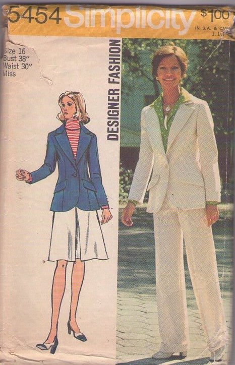 Simplicity 5454 Vintage 70's Sewing Pattern Suit Separates, Designer Fashion Secretary Blazer Suit Jacket, Inverted Pleat Skirt, Slacks Size 16