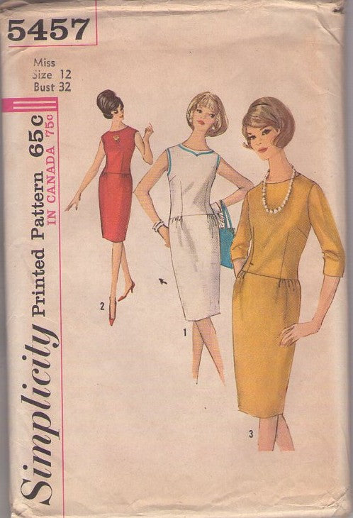 Simplicity 5457 Vintage 60's Sewing Pattern Day Dress Set, Dropped Bodice Gathered Slim Skirt Secretary Dress, 3 Styles Size 12