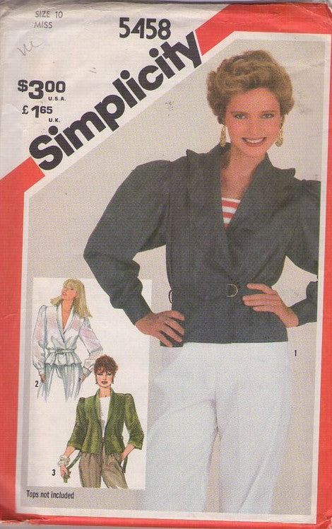 Simplicity 5458 Vintage 80's Sewing Pattern New Wave Jacket, Blouse Top, Puff Sleeves, Shawl or Ruffle Collar Size 10
