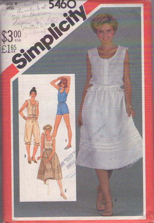Simplicity 5460 Vintage 80's Sewing Pattern Camisole Tops, Pantaloons, Summer Romper, Sunsuit, Skirt, Cottagecore Lingerie Size 8