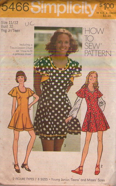 Simplicity 5466 Vintage 70's Sewing Pattern Mod Mini Dress, Flutter Sleeves, Princess Seams, 3 Styles Size 11/12