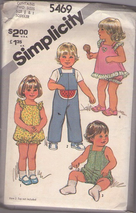Simplicity 5469 Vintage 80's Sewing Pattern Boys' & Girl's Wardrobe, Summer Watermelon Pocket Overalls, Sunsuit, Romper, Bubble Leg, Bloomers Panties Size 1/2-1