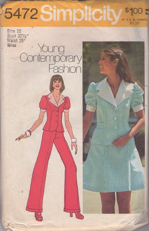 Simplicity 5472 Vintage 70's Sewing Pattern Mod Separates, Young Contemporary Fashion Babydoll Puff Sleeve Jacket Top, Flared Mini Skirt & Cuffed Pants Size 10